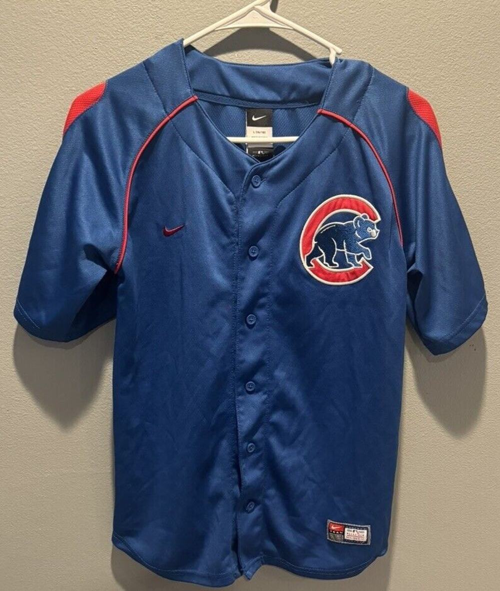 MLB Nike Chicago Cubs Blue Button Down Jersey Size L 16/18 Youth Genuine Merch